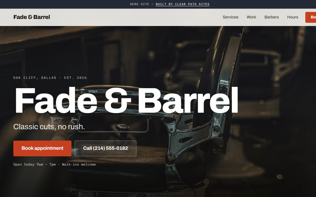 The Fade & Barrel demo site: the shop name set over a photo of a barber's chair, above buttons to book an appointment or call.
